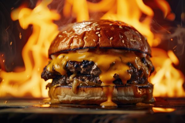 12070943 116 A juicy burger with melted cheese, with flames creating a dramatic backdrop in a close-up shot --ar 3:2 Job ID: c935d6aa-3906-4742-9e9c-4cf9af342c37