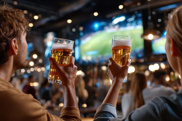 Fans raising beer glasses toward sports screen in bar. Concept of fan engagement, sports-bar advertising, after-hours entertainment, and beverage-driven social culture.